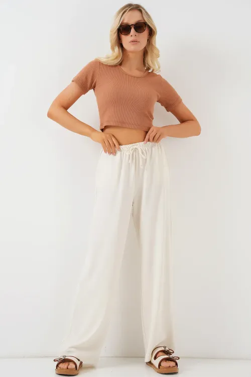 Kadın Yüksek Bel Bol Paça Pantolon - Krem