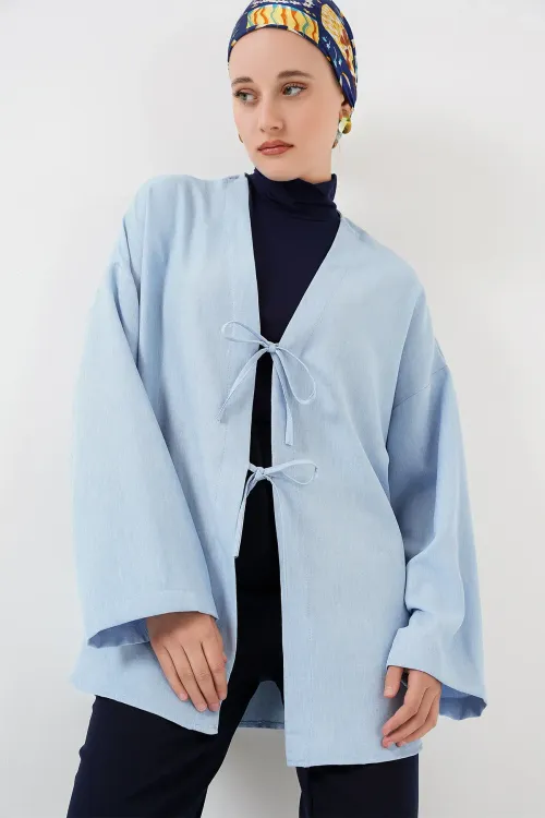 Keten Tesettür Kimono 5968 - Mavi