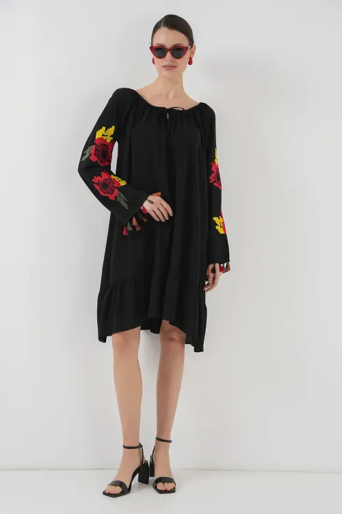 Nakışlı Midi Elbise 2531 - Siyah