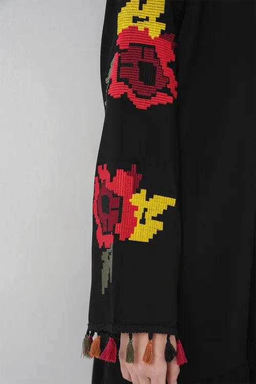 Nakışlı Midi Elbise 2531 - Siyah