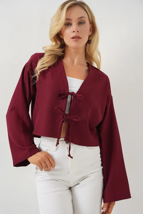 Önü Bağlamalı Keten Kimono 960 - Bordo