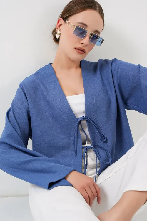 Önü Bağlamalı Keten Kimono 960 - İndigo