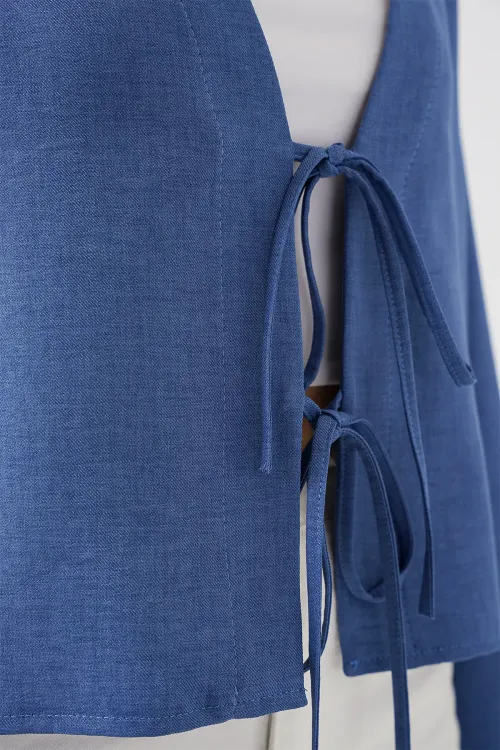 Önü Bağlamalı Keten Kimono 960 - İndigo