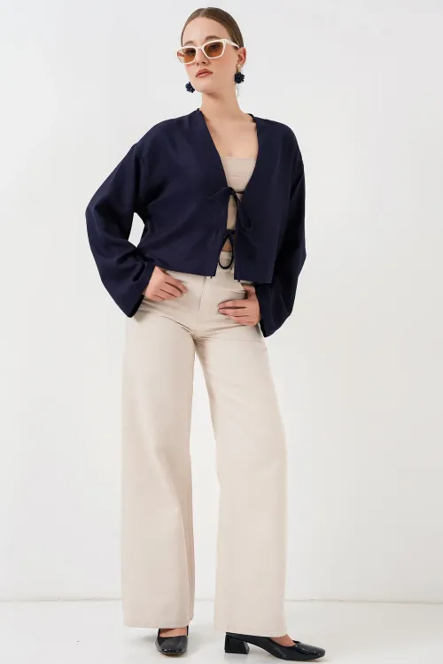 Önü Bağlamalı Keten Kimono 960 - Lacivert