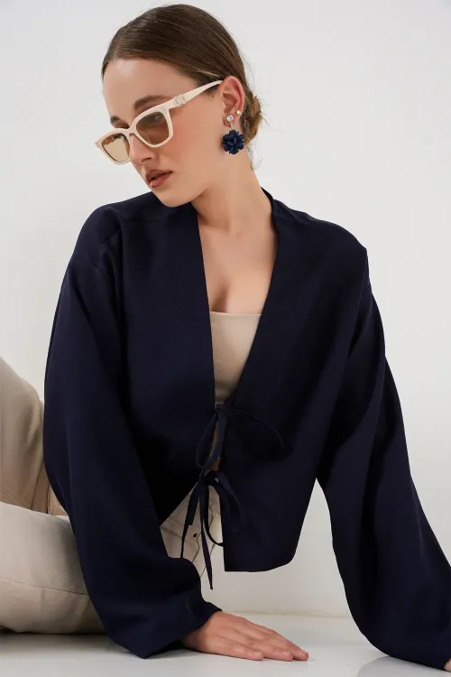 Önü Bağlamalı Keten Kimono 960 - Lacivert