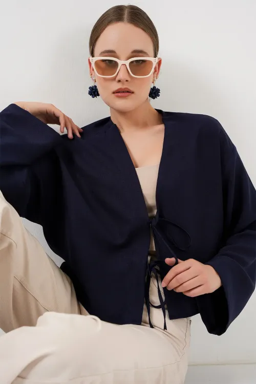 Önü Bağlamalı Keten Kimono 960 - Lacivert