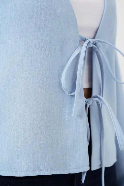 Önü Bağlamalı Keten Kimono 960 - Mavi