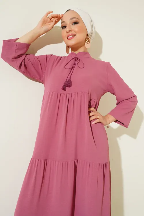 T1627 Yaka Bağcıklı Elbise - A. Pembe