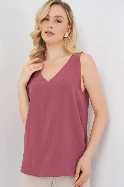 V Yaka Sıfır Kol Bluz 950 - D.Gül Kurusu