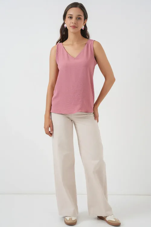 V Yaka Sıfır Kol Bluz 950 - Gül Kurusu