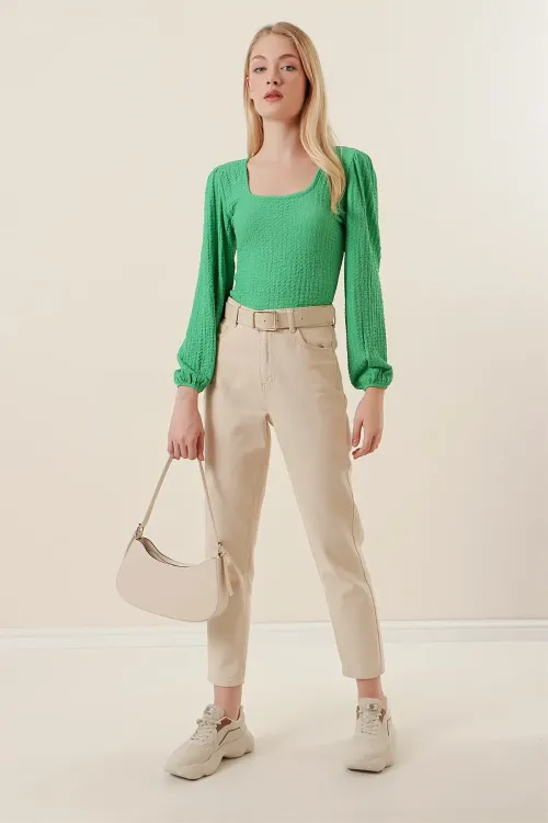 0442 Uzun Kollu Bluz - Yeşil