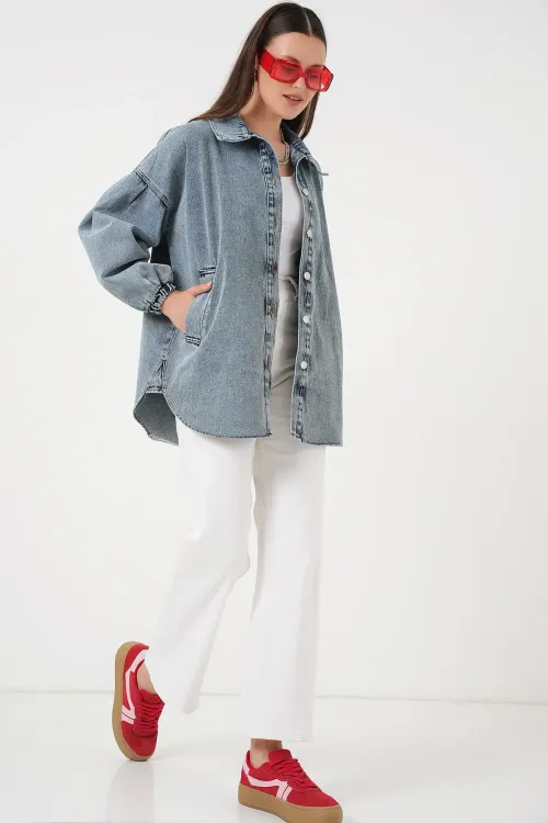 0662 Denim Balon Kollu Kot Ceket - Mavi