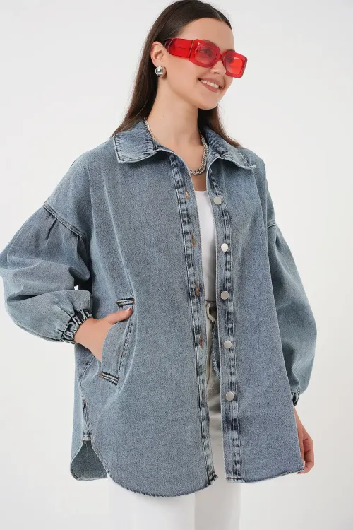 0662 Denim Balon Kollu Kot Ceket - Mavi