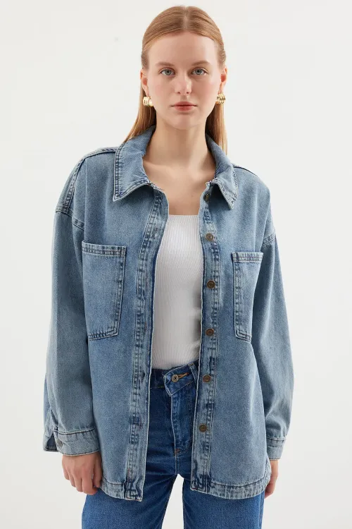 0694 Çift Cepli Oversize Denim Ceket - Buz Mavi