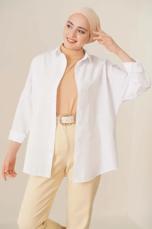 103901 Oversize Basic Tesettür Gömlek - Beyaz