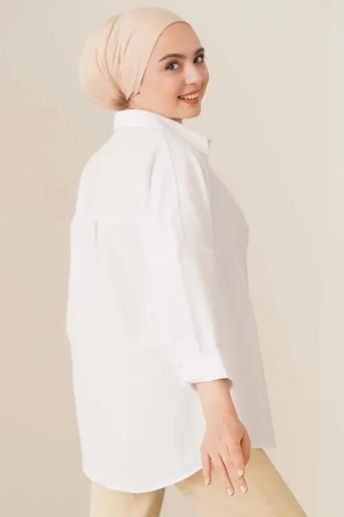 103901 Oversize Basic Tesettür Gömlek - Beyaz