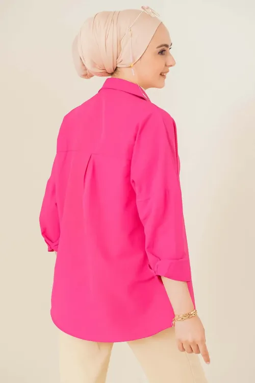 103901 Oversize Basic Tesettür Gömlek - Koyu Pembe