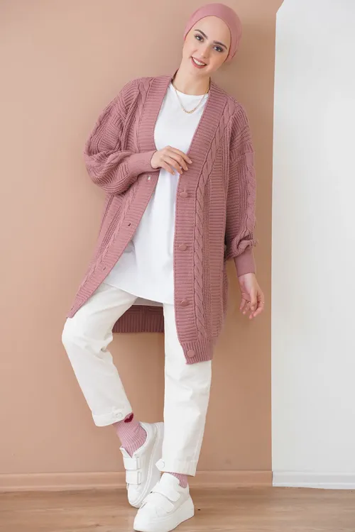 15768 Tesettür Triko Hırka - Gül Kurusu