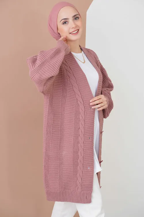 15768 Tesettür Triko Hırka - Gül Kurusu