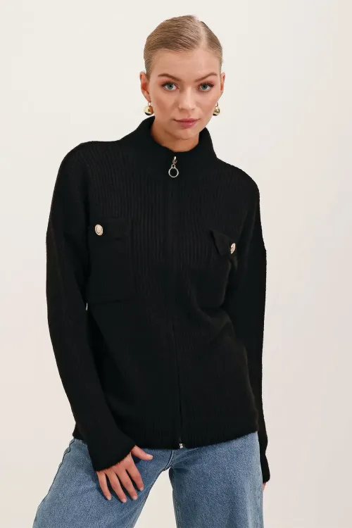 15862 Cep Detaylı Fermuarlı Triko Hırka - Siyah