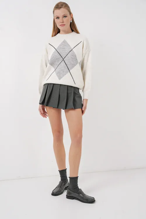 15895 Baklava Desenli Oversize Triko Kazak - A.Gri