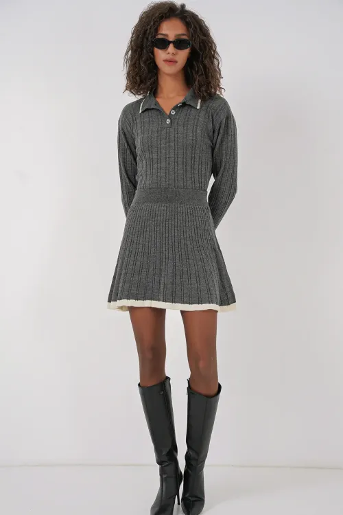 15907 Kadın Polo Yaka Kazak Etek Triko İkili Takım - Antrasit