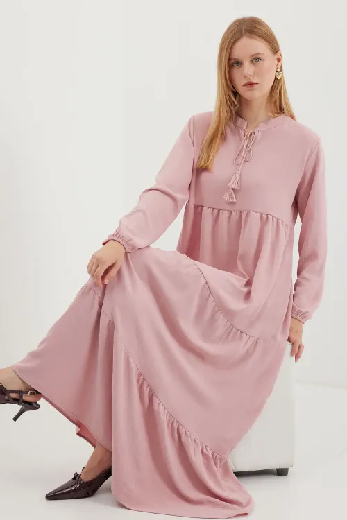 1627 Yaka Bağcıklı Tesettür Elbise - A. Pembe