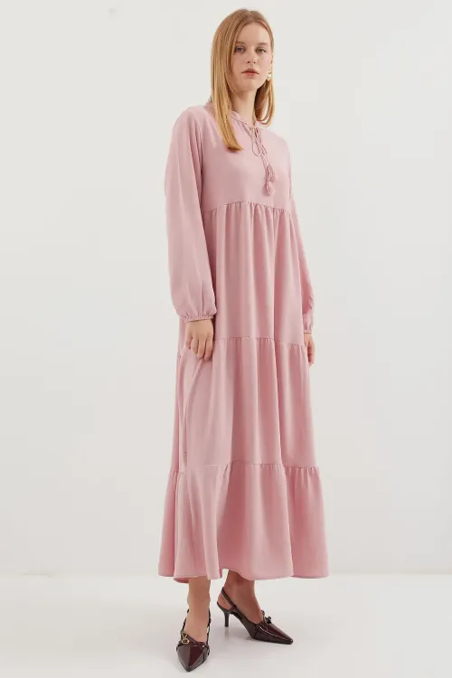 1627 Yaka Bağcıklı Tesettür Elbise - A. Pembe