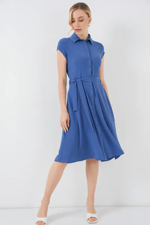 1677 Boydan Düğmeli Kuşaklı Elbise - İndigo