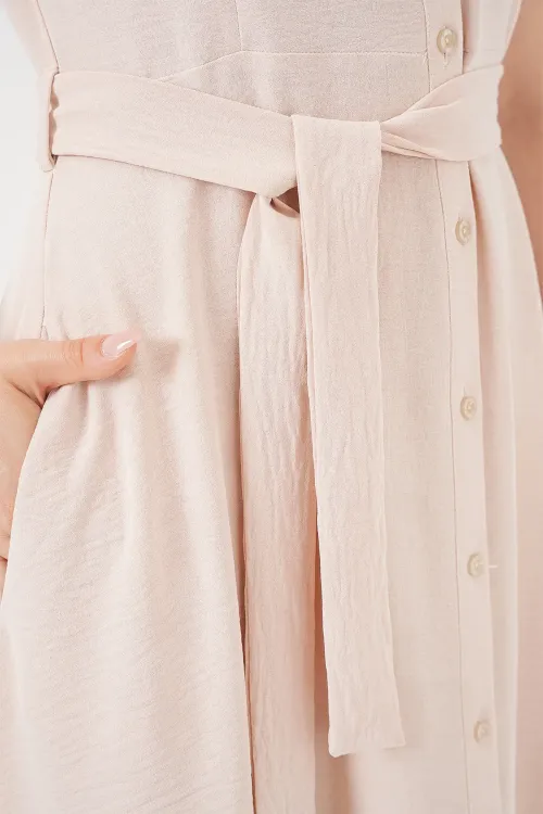 1677 Boydan Düğmeli Kuşaklı Elbise - Krem