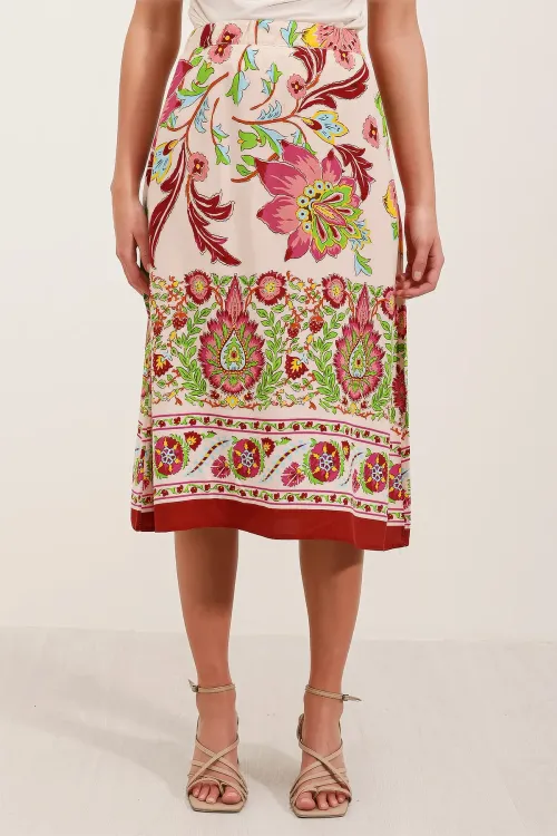 1899 Desenli Midi Etek - Bordo