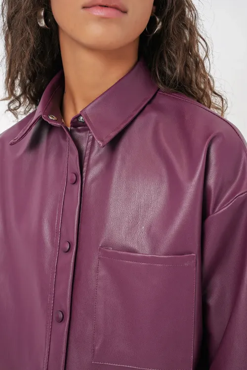 20134 Oversize Suni Deri Gömlek - Mürdüm