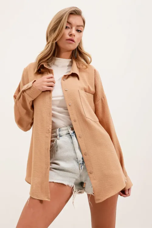 20153 Tek Cepli Oversize Keten Gömlek - Bisküvi