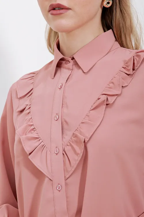 20223 Fırfırlı Uzun Kol Gömlek - Gül Kurusu