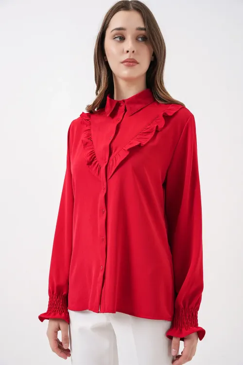 20223 Fırfırlı Uzun Kol Gömlek - Kırmızı