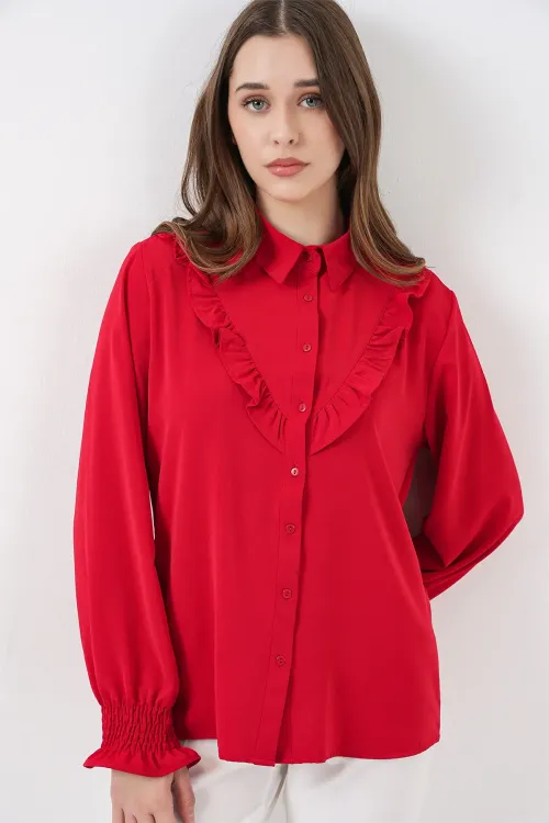 20223 Fırfırlı Uzun Kol Gömlek - Kırmızı