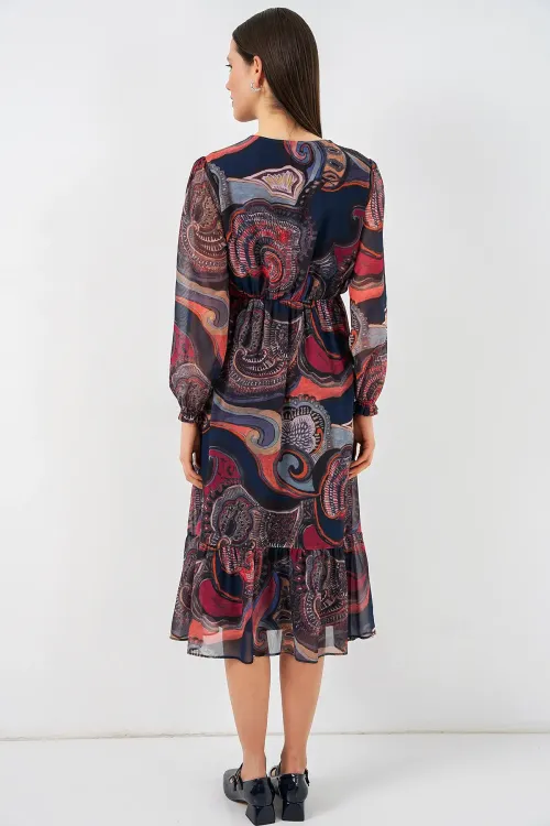 2137 Desenli Şifon Elbise - Çok Renkli