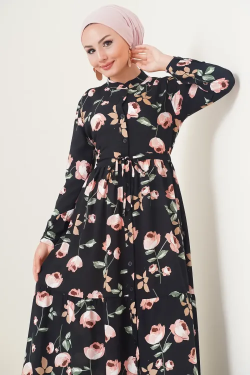 2144 Hakim Yaka Tesettür Elbise - E.Siyah