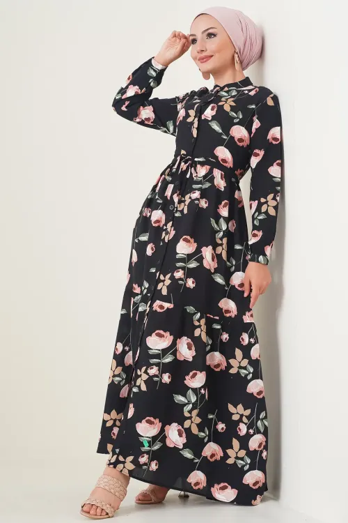 2144 Hakim Yaka Tesettür Elbise - E.Siyah