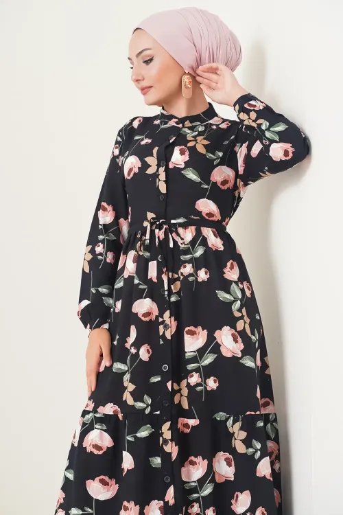 2144 Hakim Yaka Tesettür Elbise - E.Siyah