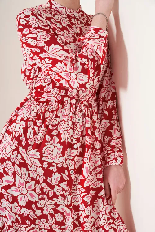 2144 Hakim Yaka Tesettür Elbise - Nar