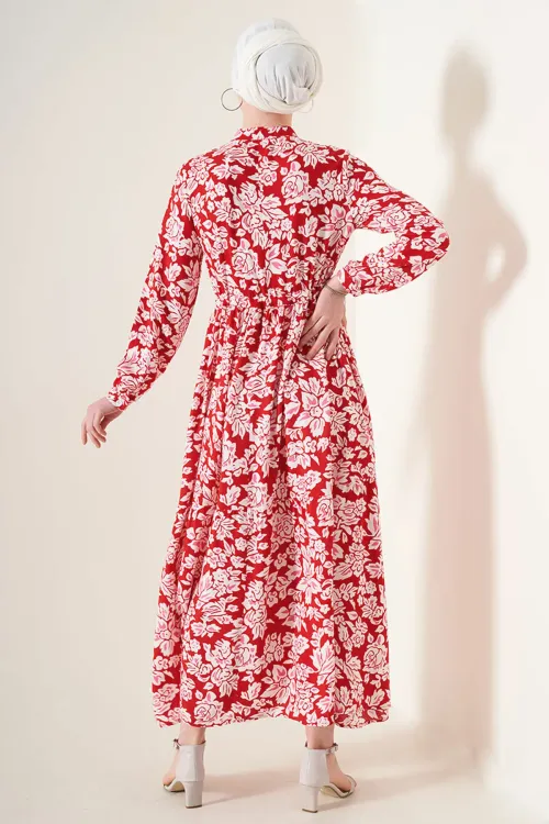 2144 Hakim Yaka Tesettür Elbise - Nar