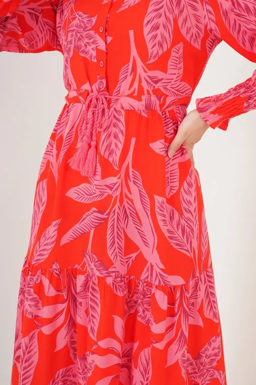 2145 Desenli Tesettür Elbise - Kırmızı