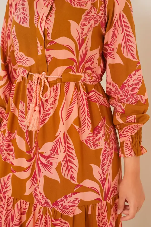 2145 Desenli Tesettür Elbise - Taba