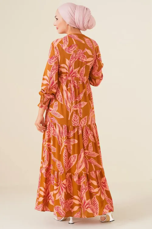 2145 Desenli Tesettür Elbise - Taba