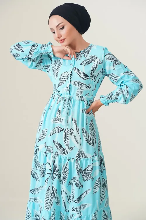 2145 Desenli Tesettür Elbise - Turkuaz