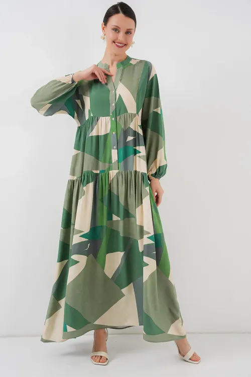 2423 Otantik Desenli Tesettür Elbise - A.Haki