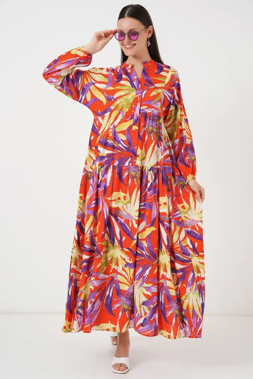 2423 Otantik Desenli Tesettür Elbise - B.Lila