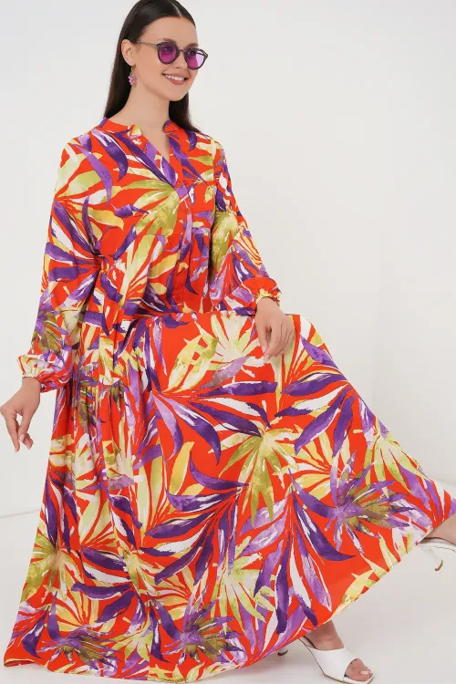 2423 Otantik Desenli Tesettür Elbise - B.Lila