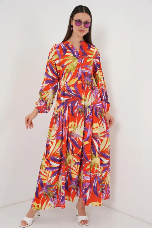 2423 Otantik Desenli Tesettür Elbise - B.Lila